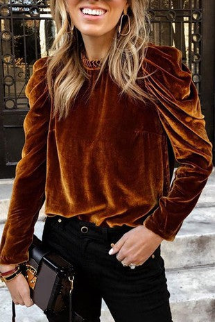Velvet Frilled Collar Puff Sleeve Top