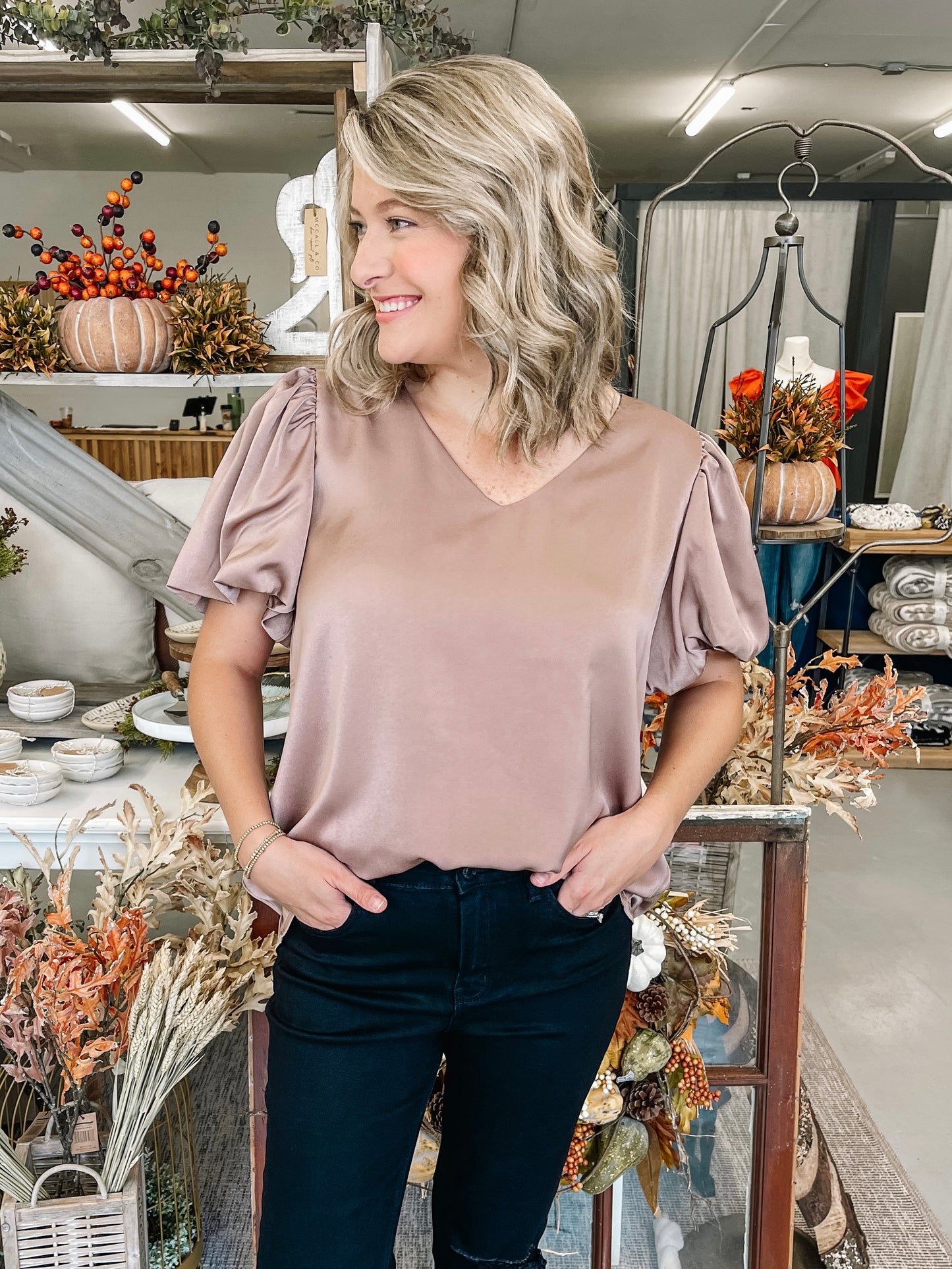V-Neck Puff Sleeve Blouse