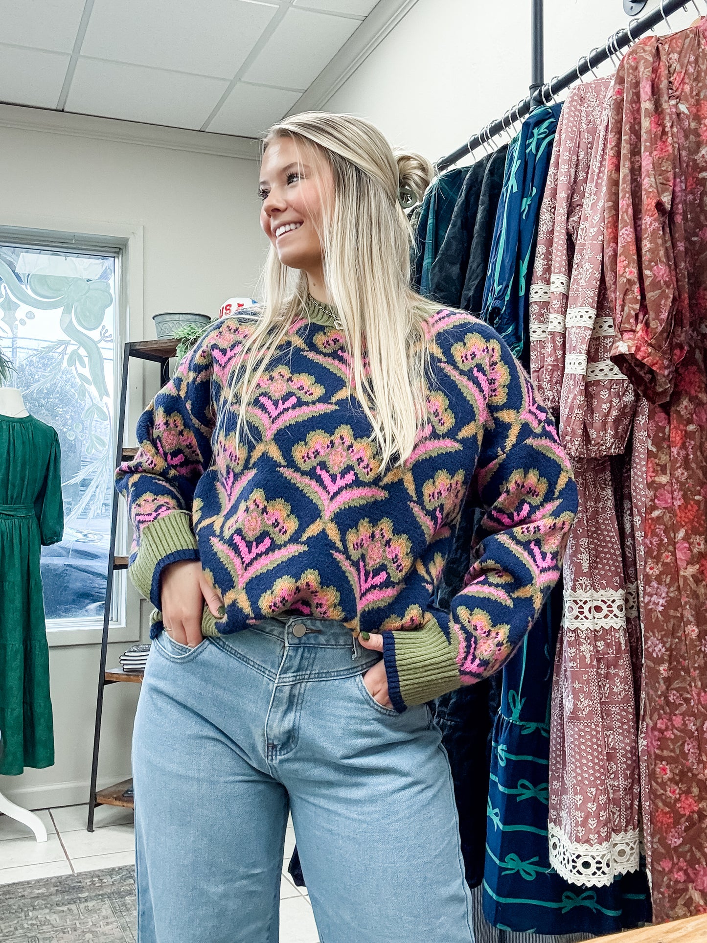 Floral Knit Round Neck Sweater