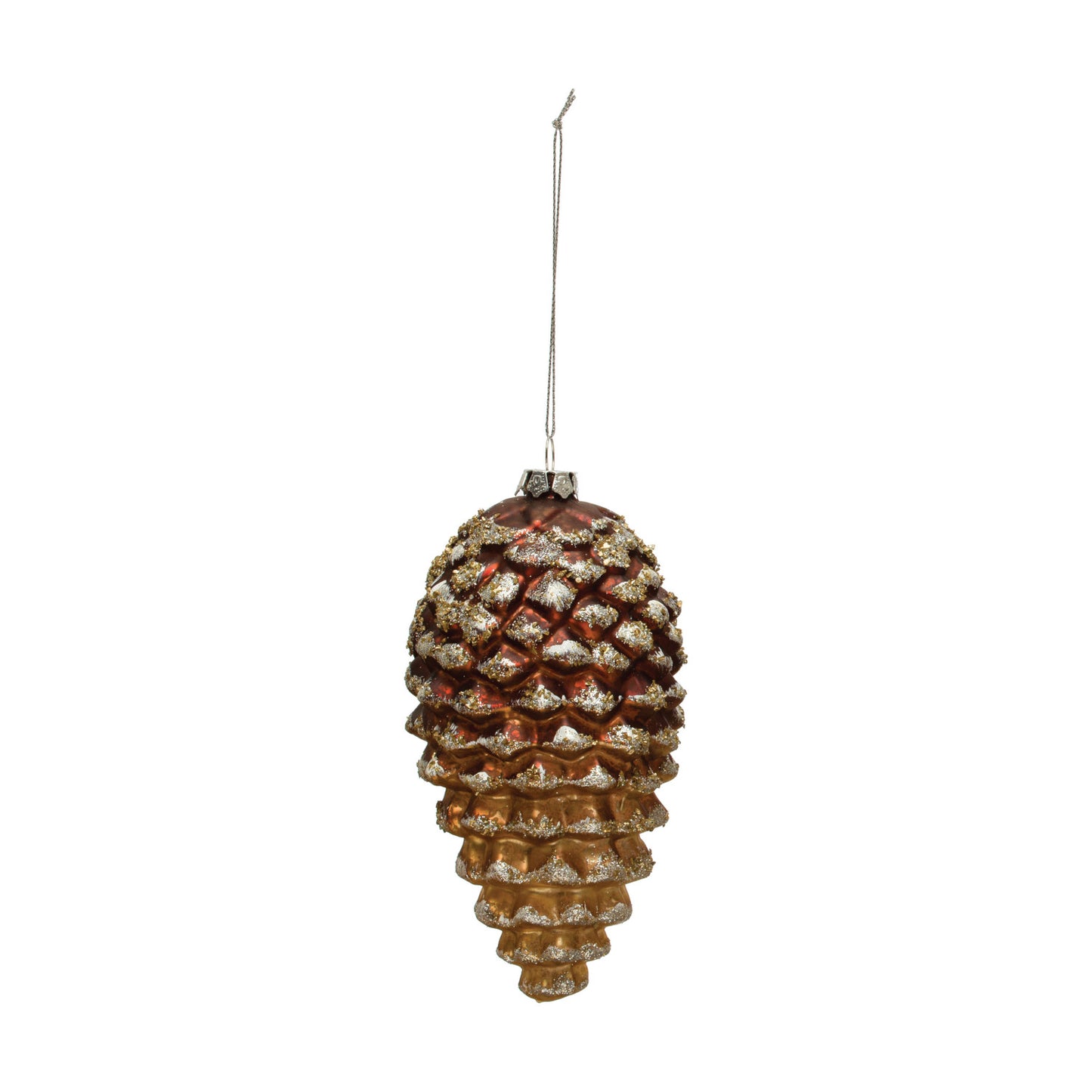 Glass Pinecone Ornament w/ Silver Glitter, Brown
