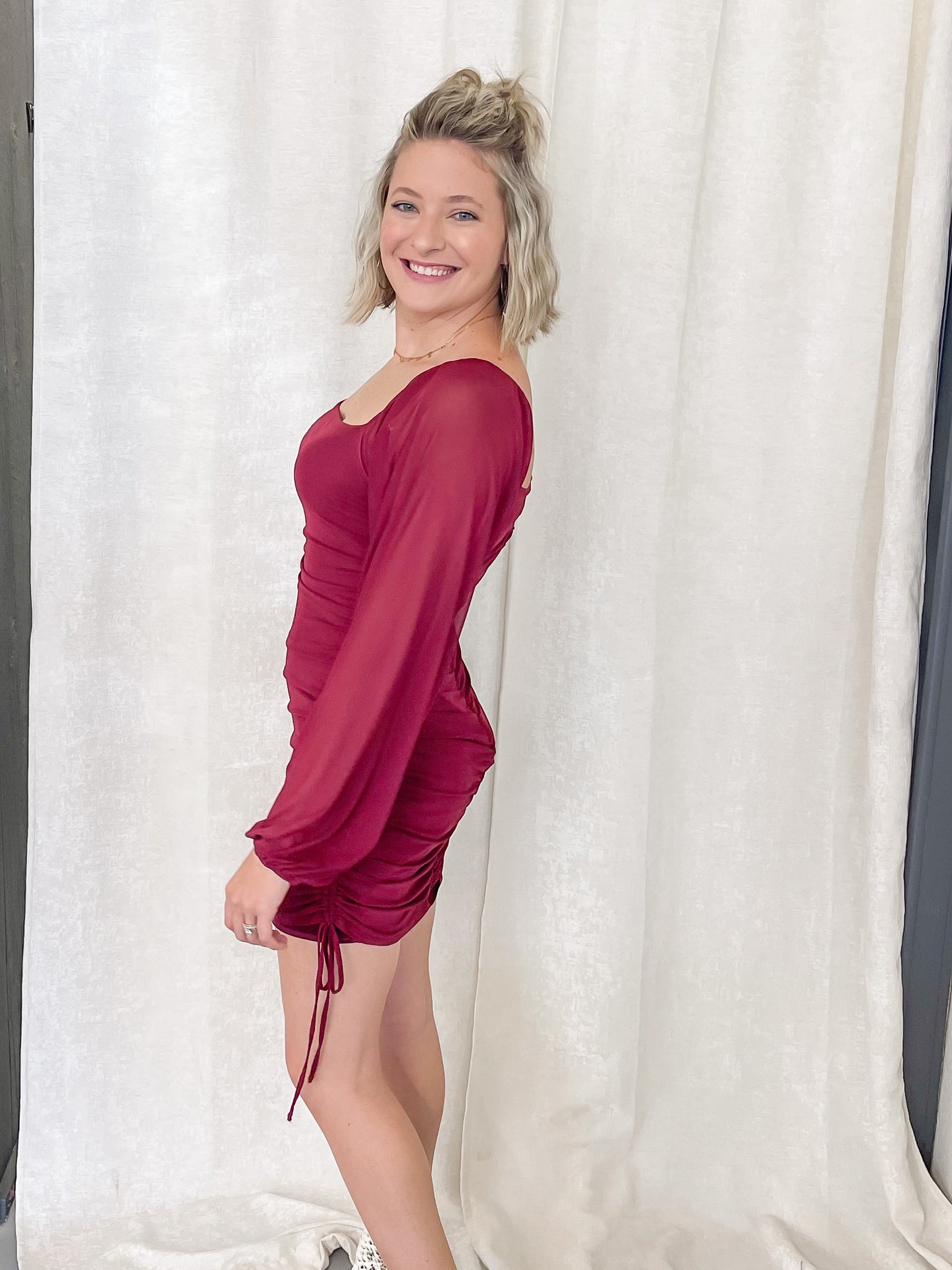 Long Sleeve Ruched Mini Dress-Burgundy