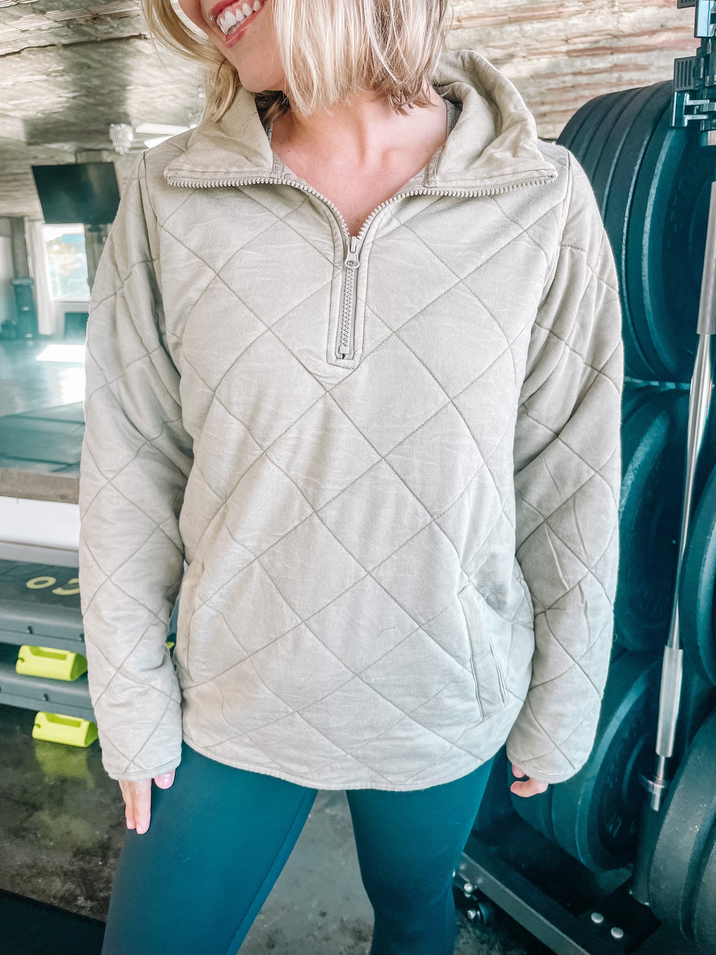 Quilted Mineral-Wash Half-Zip Pullover