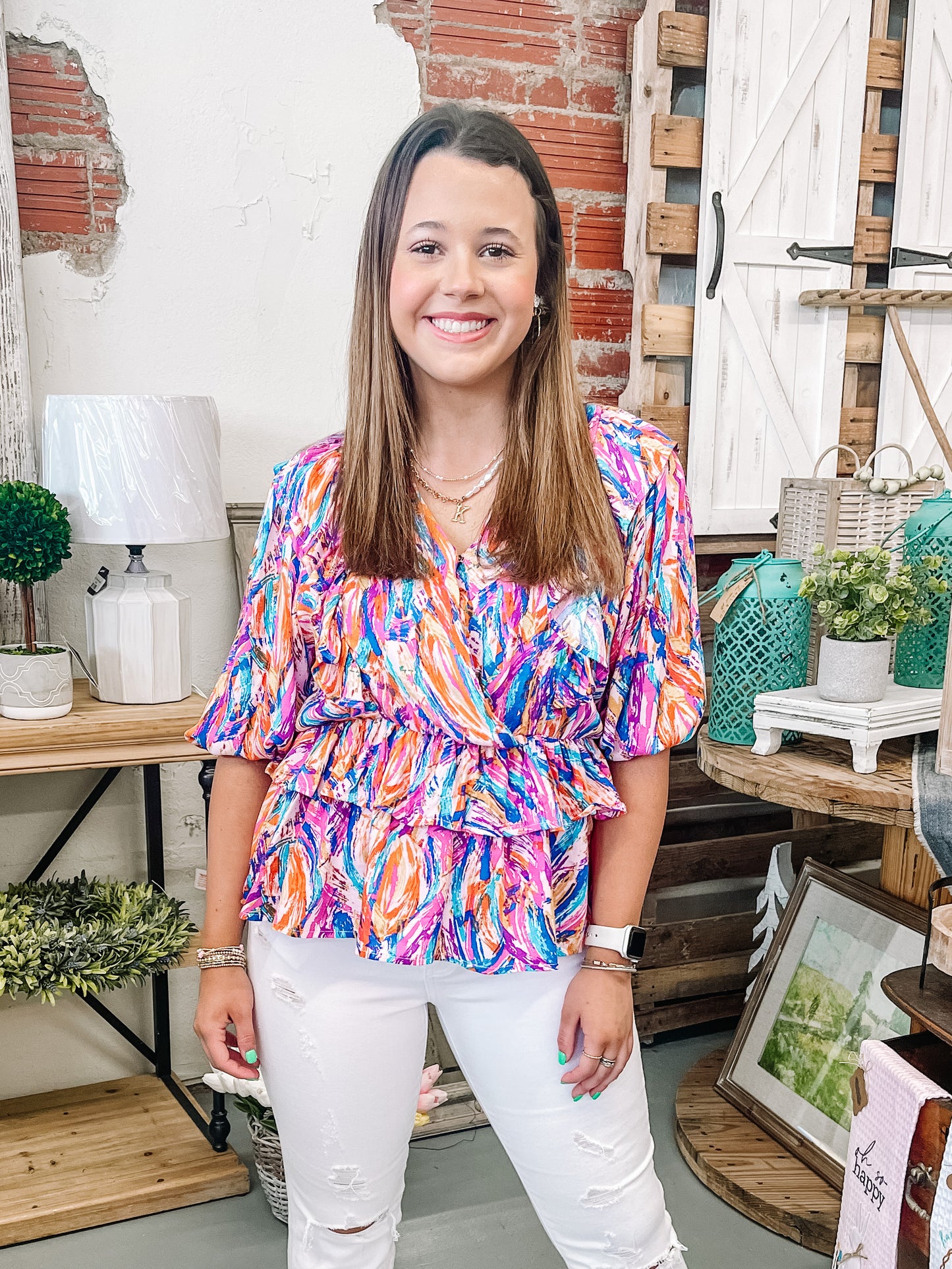 Printed Lantern Sleeve Blouse Top