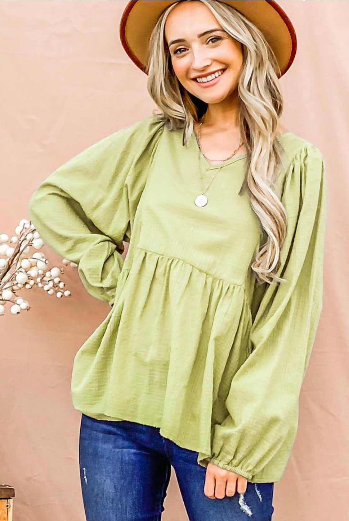 Textured V-Neck Blouse-Lt. Green