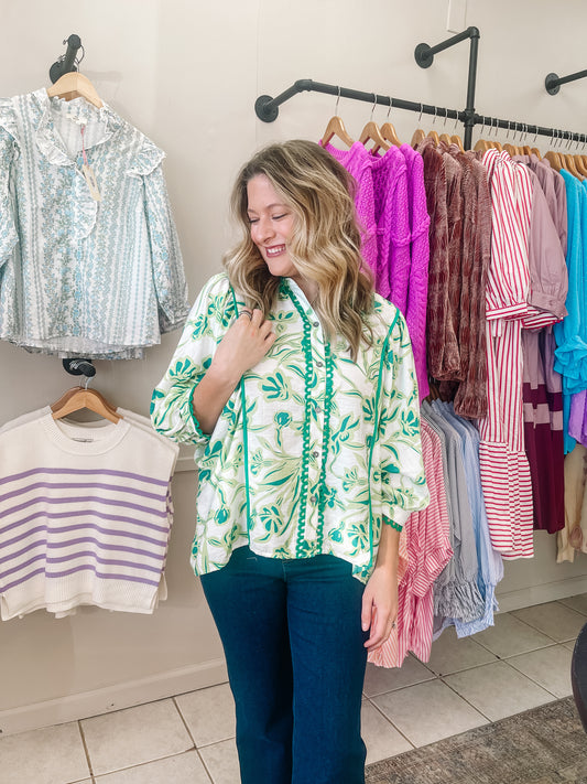Scallop Trim Floral Print 3/4 Blouse