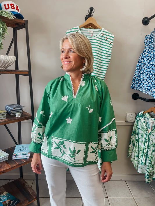 Green Floral Babydoll Blouse