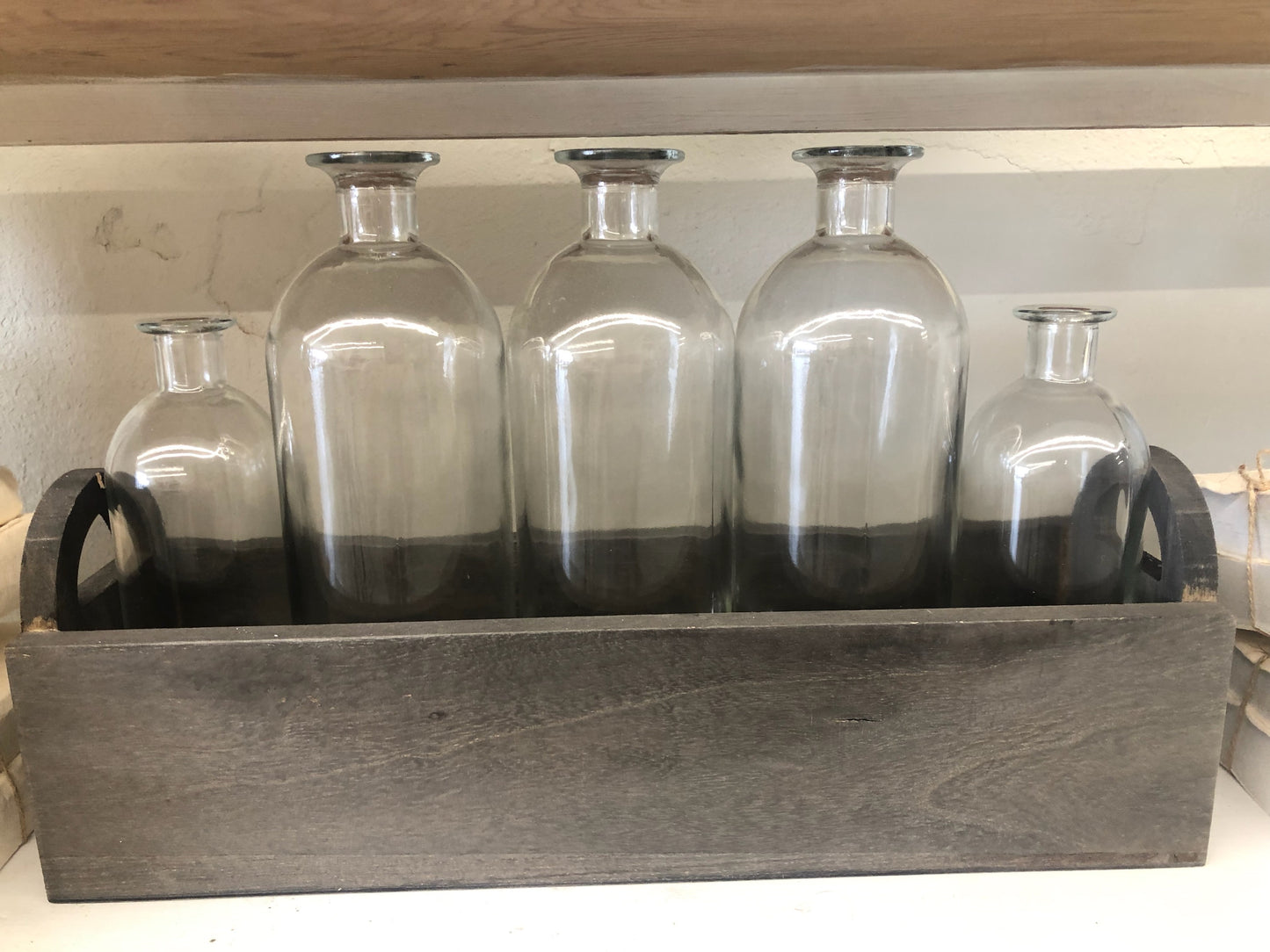 5 Glass Bottles in Wood Box