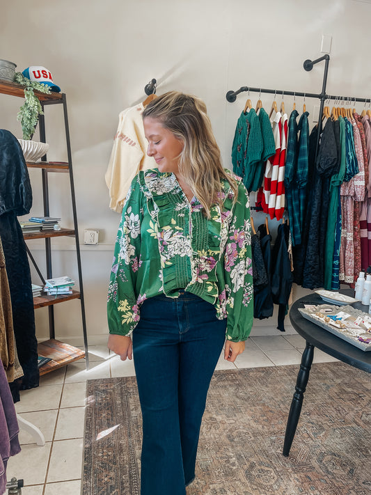 Floral Green Silk Blouse