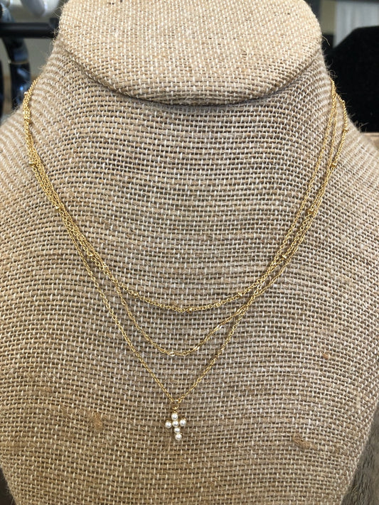Pearl Cross Necklace-Triple Chain